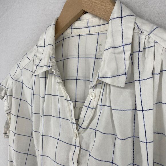 MADEWELL Top Womens XL Windowpane Button Front Tie Sleeve Cotton Off White - Picture 2 of 11